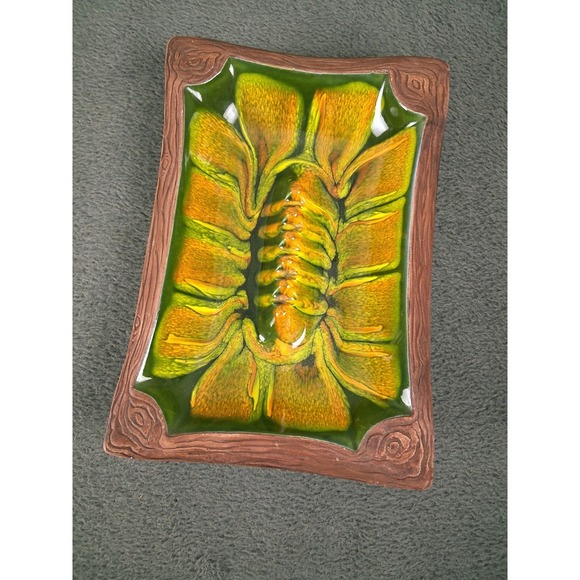 Other - VINTAGE Mid-Century Ashtray Pottery Green Yellow Drip Glaze Centerpiece USA 101S